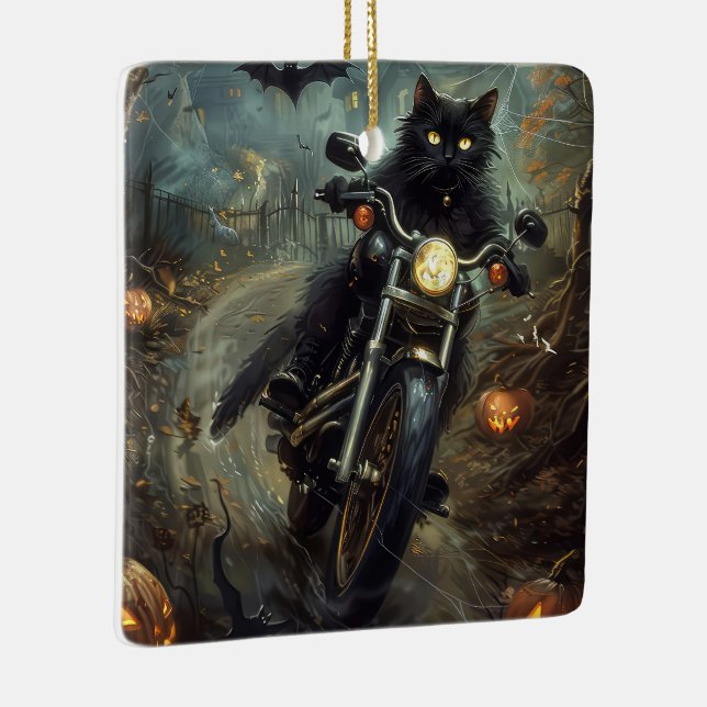 Black Cat Riding Motorcycle Halloween Scary Ceramic Ornament (Right)