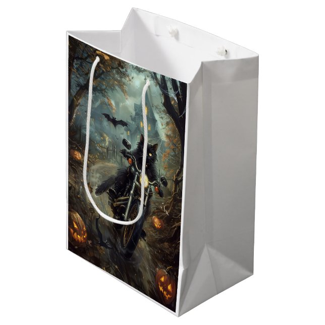Black Cat Riding Motorcycle Halloween Scary Medium Gift Bag (Front Angled)