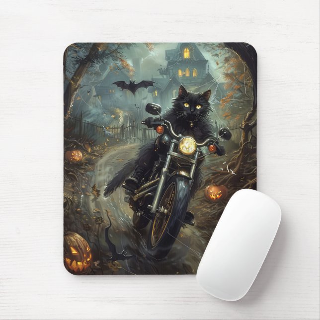 Black Cat Riding Motorcycle Halloween Scary Mouse Pad (With Mouse)