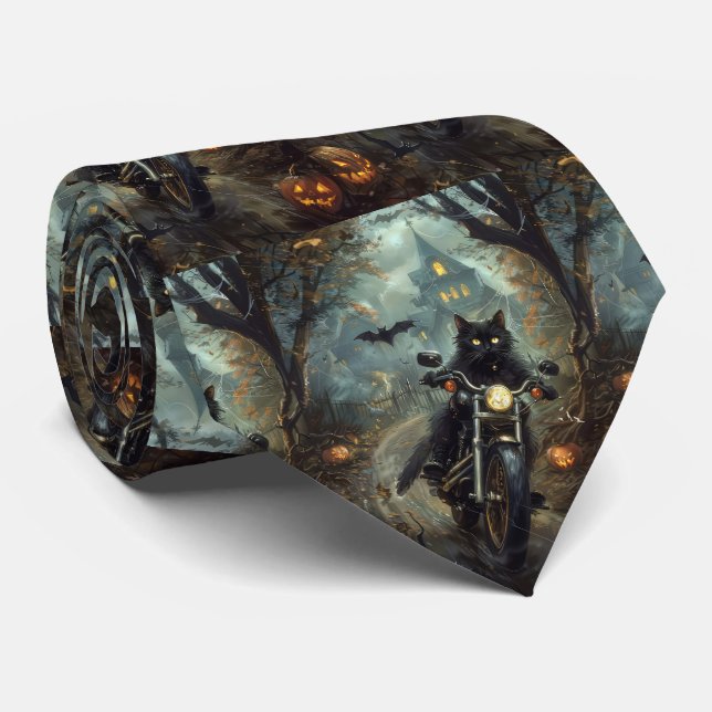 Black Cat Riding Motorcycle Halloween Scary Tie (Rolled)