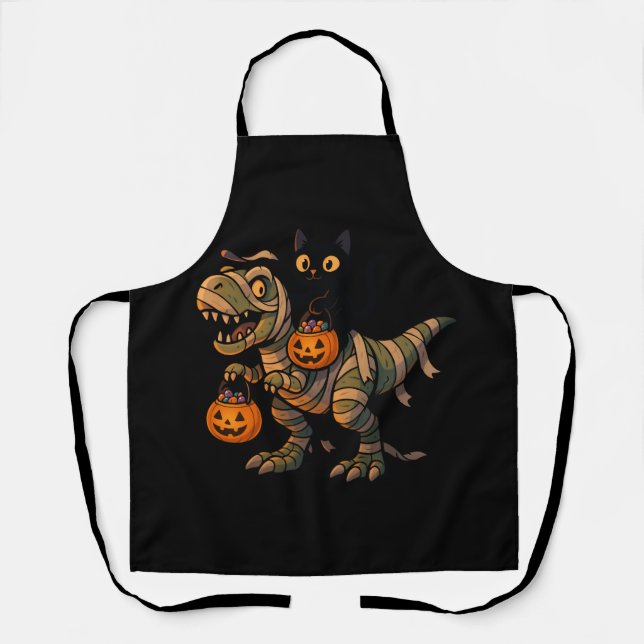 Black Cat Riding Mummy T-Rex – Cute Halloween Dino Apron (Front)