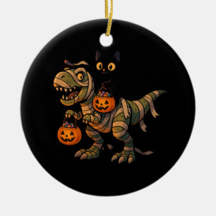 Black Cat Riding Mummy T-Rex – Cute Halloween Dino Ceramic Ornament