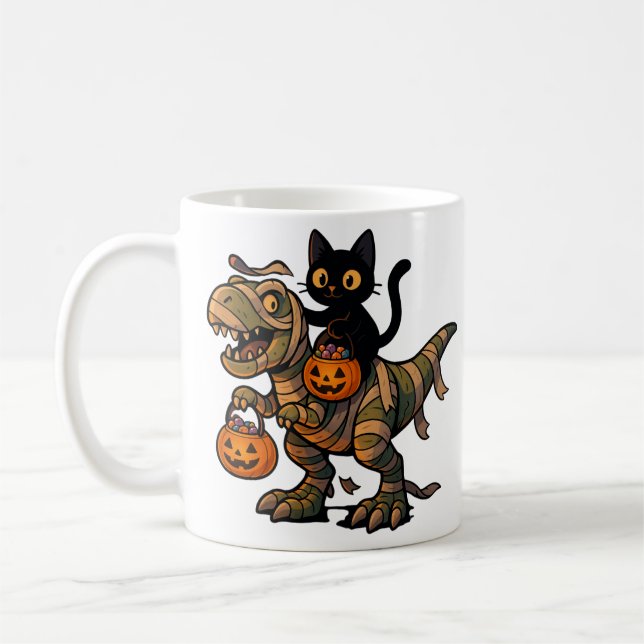 Black Cat Riding Mummy T-Rex – Cute Halloween Dino Coffee Mug (Left)