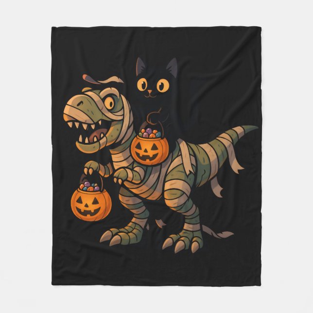 Black Cat Riding Mummy T-Rex – Cute Halloween Dino Fleece Blanket (Front)