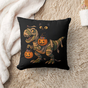 Black Cat Riding Mummy T-Rex – Cute Halloween Dino Throw Pillow