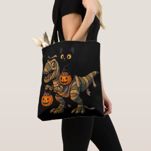 Black Cat Riding Mummy T-Rex – Cute Halloween Dino Tote Bag