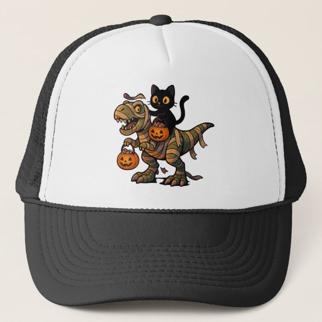 Black Cat Riding Mummy T-Rex – Cute Halloween Dino Trucker Hat (Front)