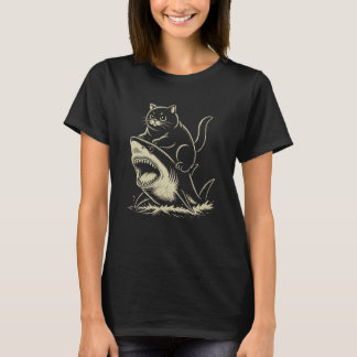 Black Cat Riding Shark T-Shirt