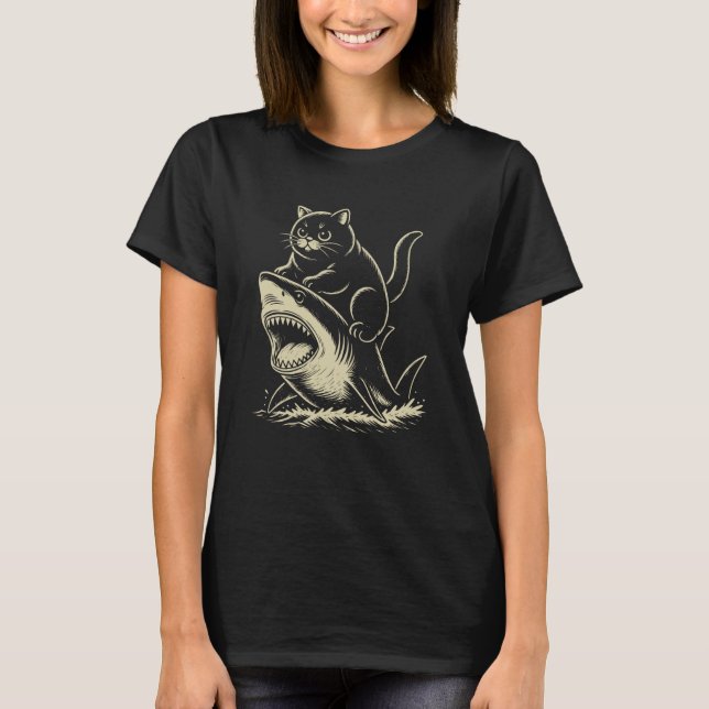 Black Cat Riding Shark T-Shirt (Front)