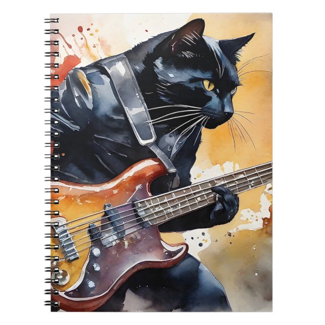 Black Cat Rock Star Leather Jacket Playing Guitar  Notebook (Front)