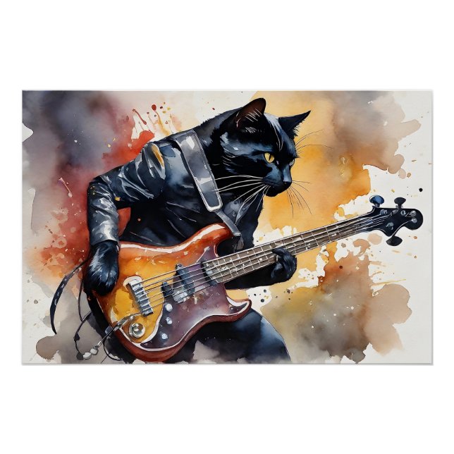 Black Cat Rock Star Leather Jacket Playing Guitar  Poster (Front)