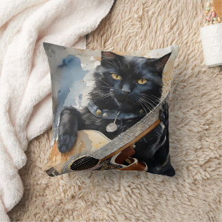 Black Cat Rock Star Playing Acoustic Guitar Throw Pillow