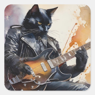 Black Cat Rock Star Playing Guitar Leather Jacket  Square Sticker