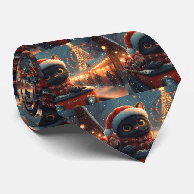Black Cat Roller Coaster Christmas Tie (Rolled)