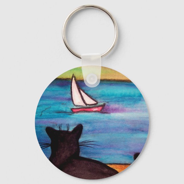 Black Cat Sailboat Watch Keychain (Front)