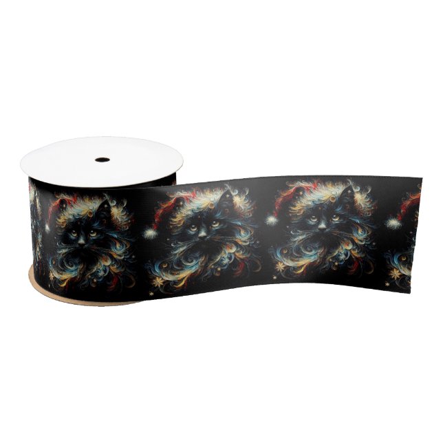 Black Cat Santa Christmas Hat Return Address Satin Ribbon (Spool)