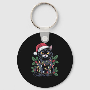 Black Cat Santa Hat Christmas Tree Lights Funny Pe Keychain