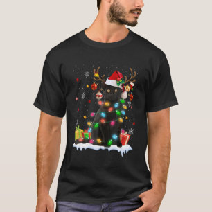 Black Cat Santa Hat Reindeer Christmas Lights Cat  T-Shirt
