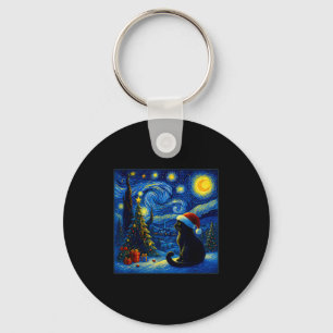 Black Cat Santa Hat Van Gogh Starry Night Christma Keychain
