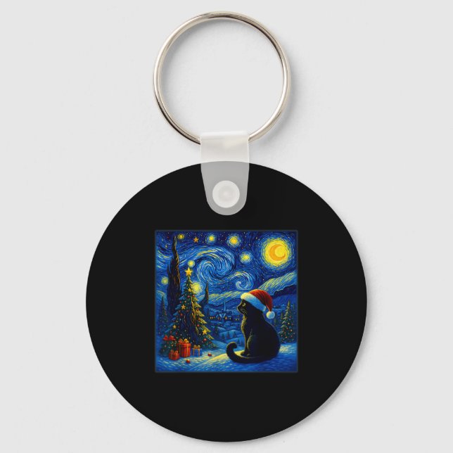 Black Cat Santa Hat Van Gogh Starry Night Christma Keychain (Front)