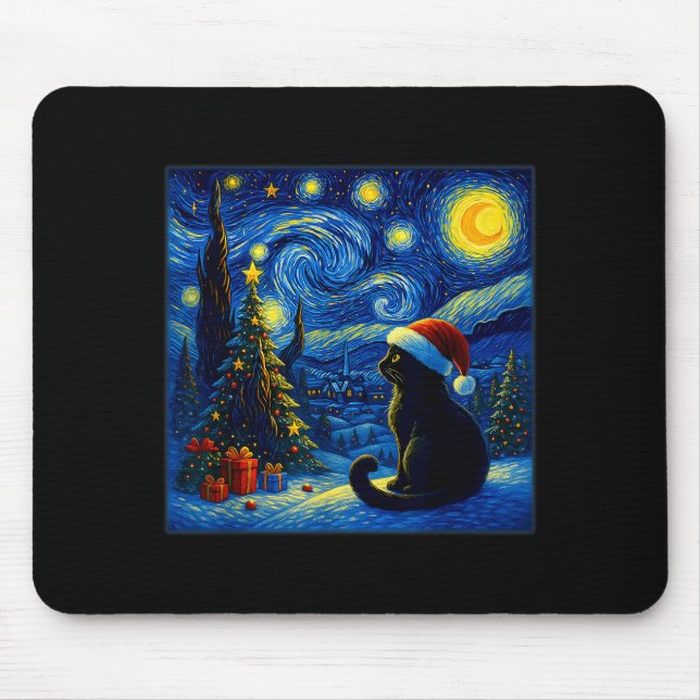 Black Cat Santa Hat Van Gogh Starry Night Christma Mouse Pad (Front)