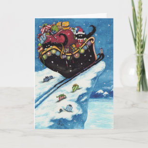 Black Cat Santa Sleigh by Bihrle Holiday Card