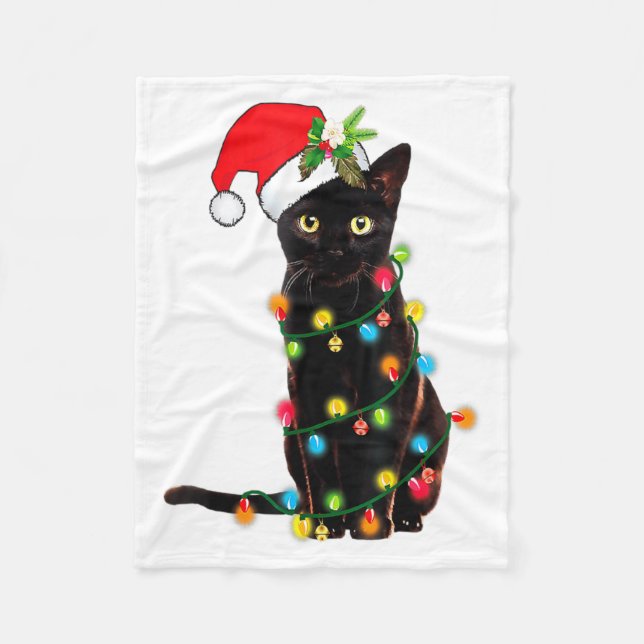Black Cat Santa Tangled Up In Christmas Lights _1  Fleece Blanket (Front)