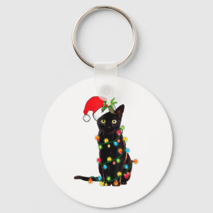 Black Cat Santa Tangled Up In Christmas Lights _1 Keychain