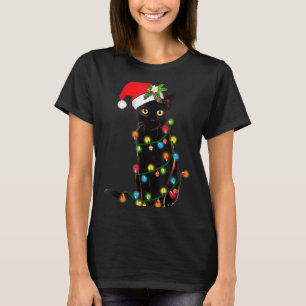 Black Cat Santa Tangled Up In Christmas Lights _1  T-Shirt