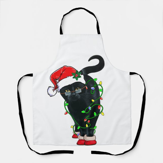 Black Cat Santa Tangled Up In Christmas Lights Apron (Front)