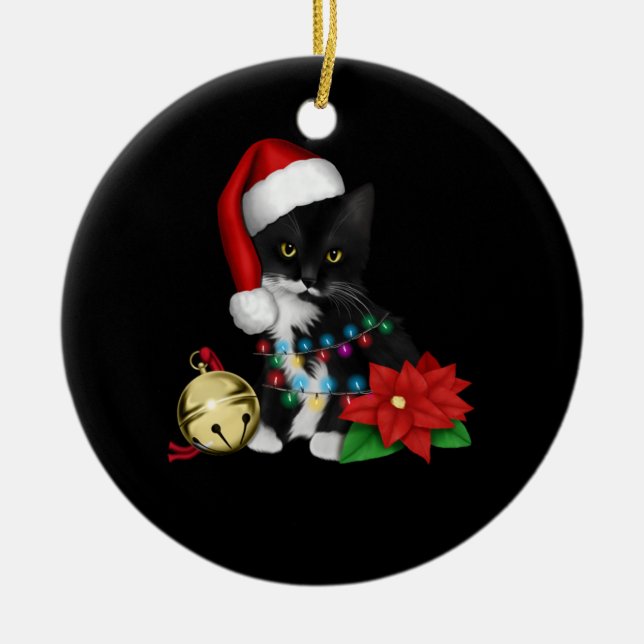 Black Cat Santa Tangled Up In Christmas Lights Ceramic Ornament (Front)