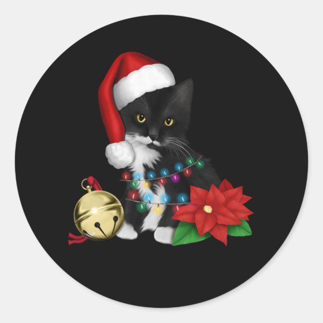 Black Cat Santa Tangled Up In Christmas Lights Classic Round Sticker (Front)