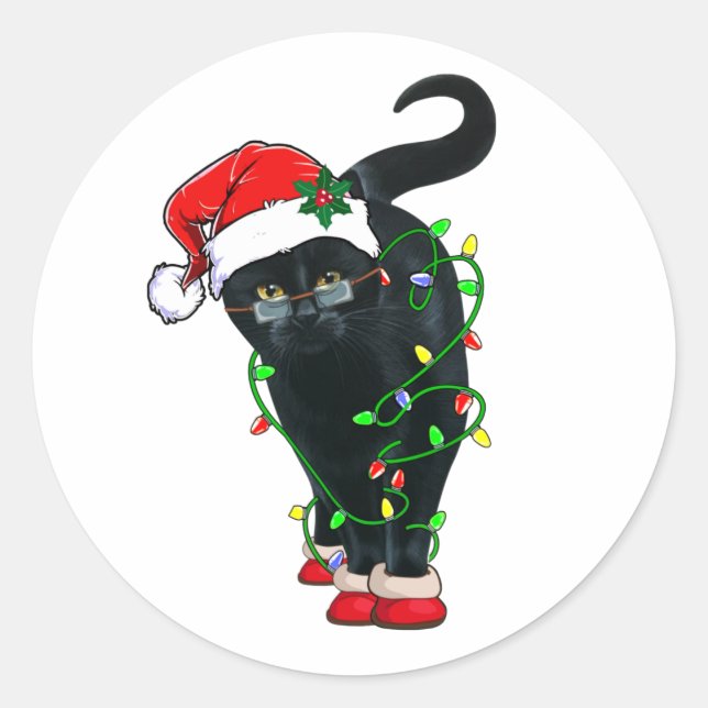 Black Cat Santa Tangled Up In Christmas Lights Classic Round Sticker (Front)