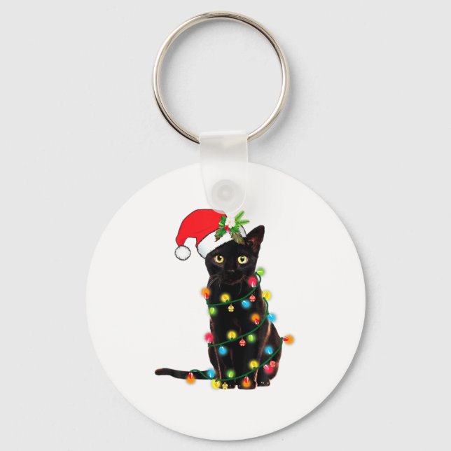 Black Cat Santa Tangled Up In Christmas Lights  Keychain (Front)