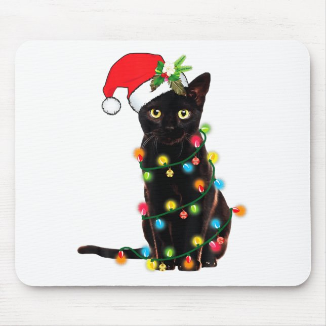 Black Cat Santa Tangled Up In Christmas Lights  Mouse Pad (Front)