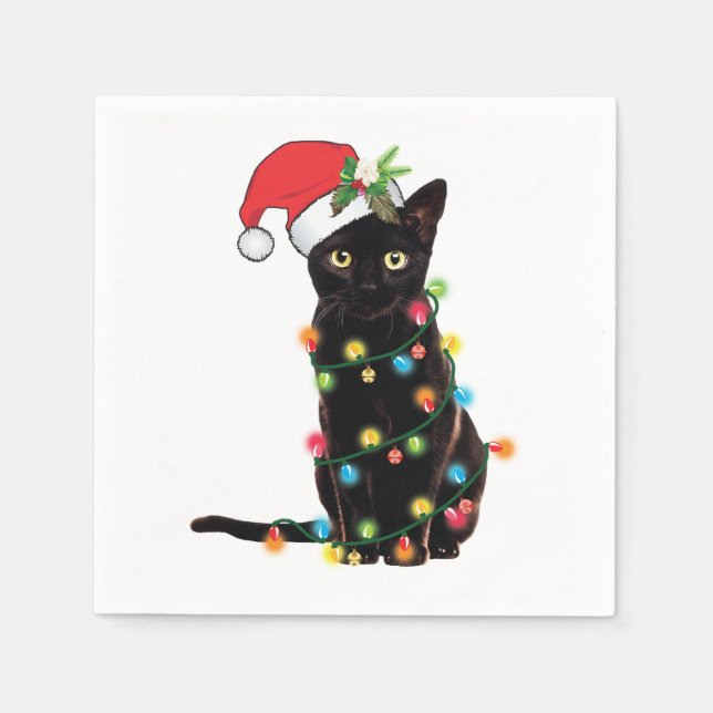 Black Cat Santa Tangled Up In Christmas Lights Swe Napkin (Front)