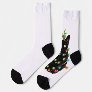 Black Cat Santa Tangled Up In Christmas Lights Swe Socks