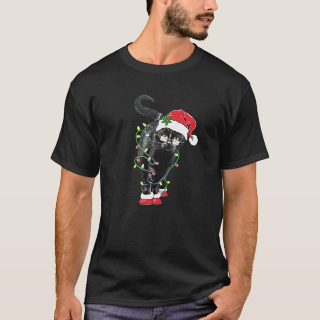 Black Cat Santa Tangled Up In Christmas Lights Swe T-Shirt (Front)