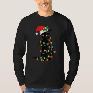 Black Cat Santa Tangled Up In Christmas Lights T-Shirt