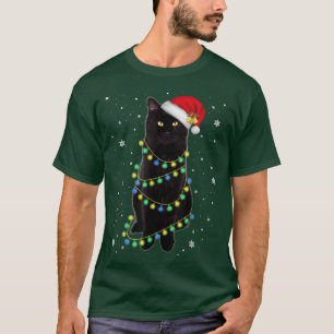 Black Cat Santa Tangled Up In Christmas Lights  T-Shirt