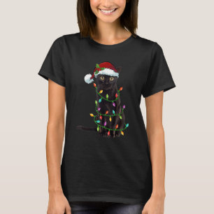 Black Cat Santa Tangled Up In Christmas Lights T-Shirt