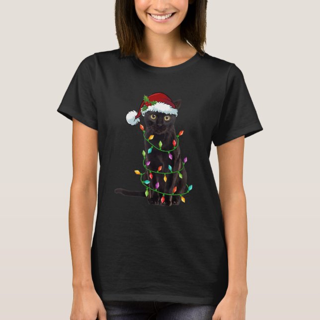 Black Cat Santa Tangled Up In Christmas Lights T-Shirt (Front)