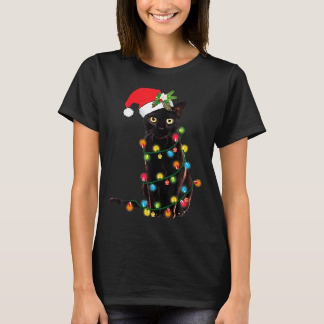 Black Cat Santa Tangled Up In Christmas Lights  T-Shirt (Front)