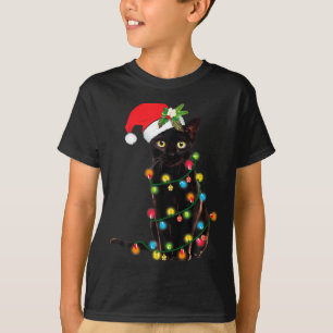 Black Cat Santa Tangled Up In Christmas Lights  T-Shirt