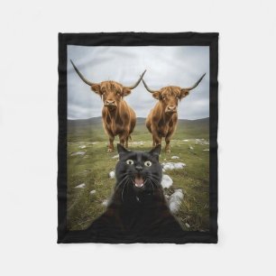 Black Cat Selfie With Cows Funny Animal Lovers Fleece Blanket
