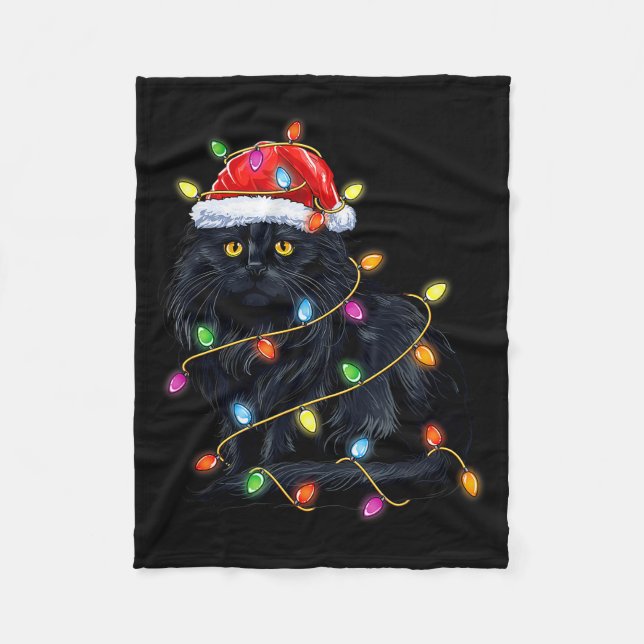 Black Cat Shirt Christmas Lights Funny Santa Cat F Fleece Blanket (Front)