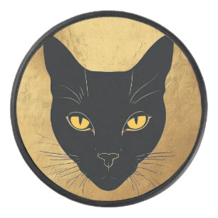 Black Cat Silhouette Against a Gold Circle Hockey Puck