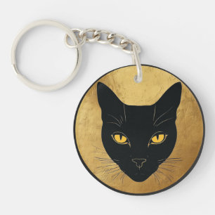 Black Cat Silhouette Against a Gold Circle Keychain