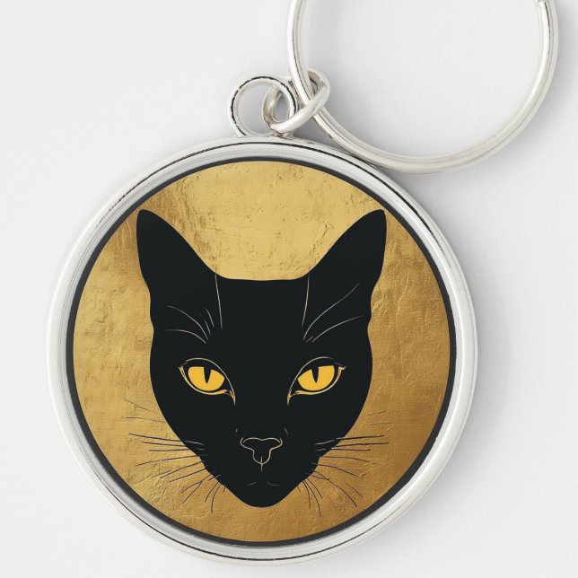 Black Cat Silhouette Against a Gold Circle Keychain (Front)