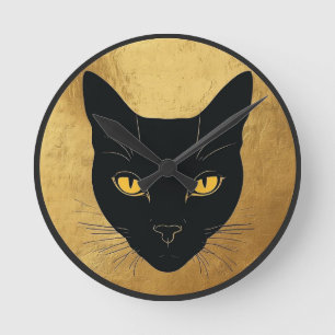 Black Cat Silhouette Against a Gold Circle Round Clock
